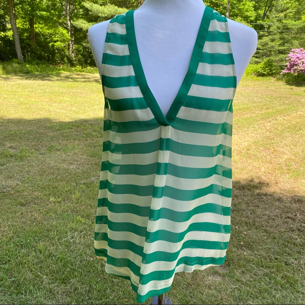 JOIE TOP TANK BLOUSE GREEN WHITE STRIPE SHEER SLEEVELESS V-NECK SIZE S